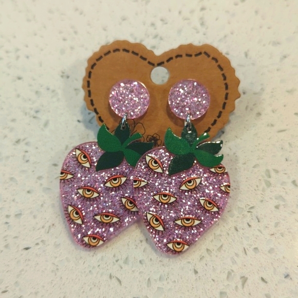 Strawberry eyeball glitter stud dangle earrings - Picture 1 of 1